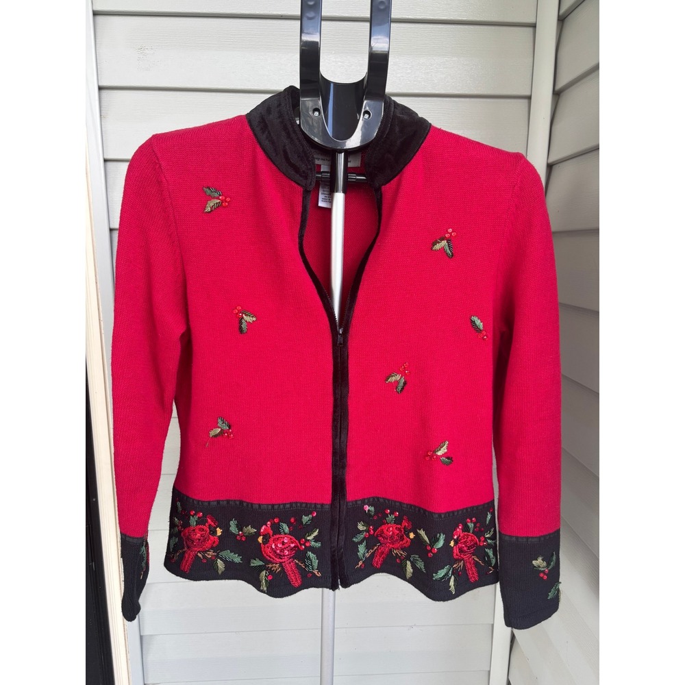 Heirloom Collectibles Christmas Cardinal Embroidered Zip Cardigan Sweater Red M